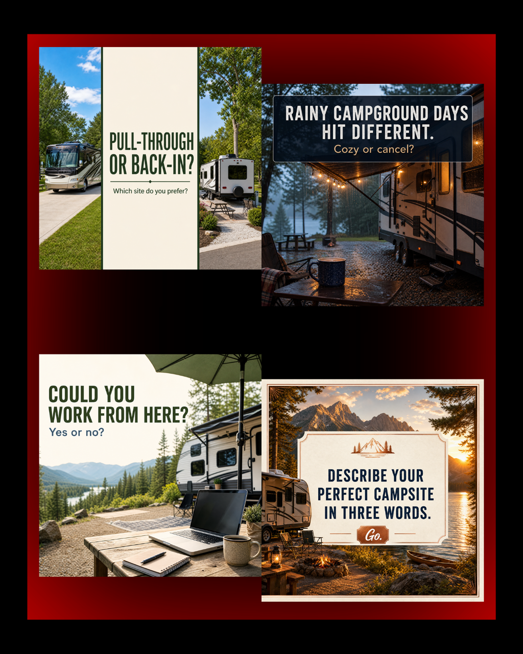 40 Posts - RV & Campground Social Media Engagement Graphics Pack (1920x1920px)