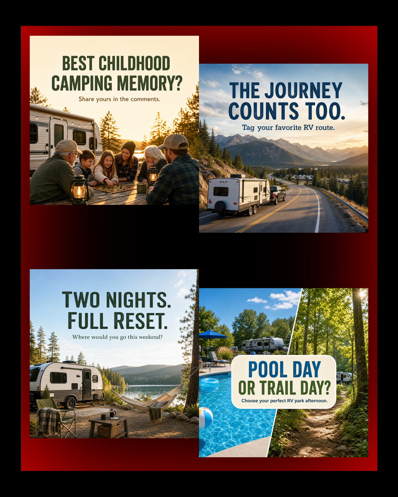 40 Posts - RV & Campground Social Media Engagement Graphics Pack (1920x1920px)