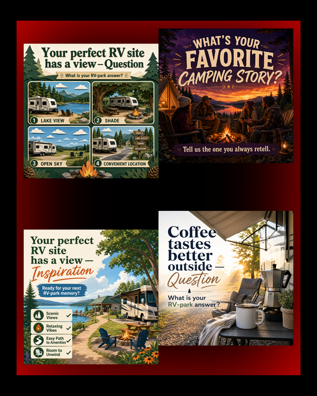 40 Posts - RV & Campground Social Media Engagement Graphics Pack (1920x1920px)