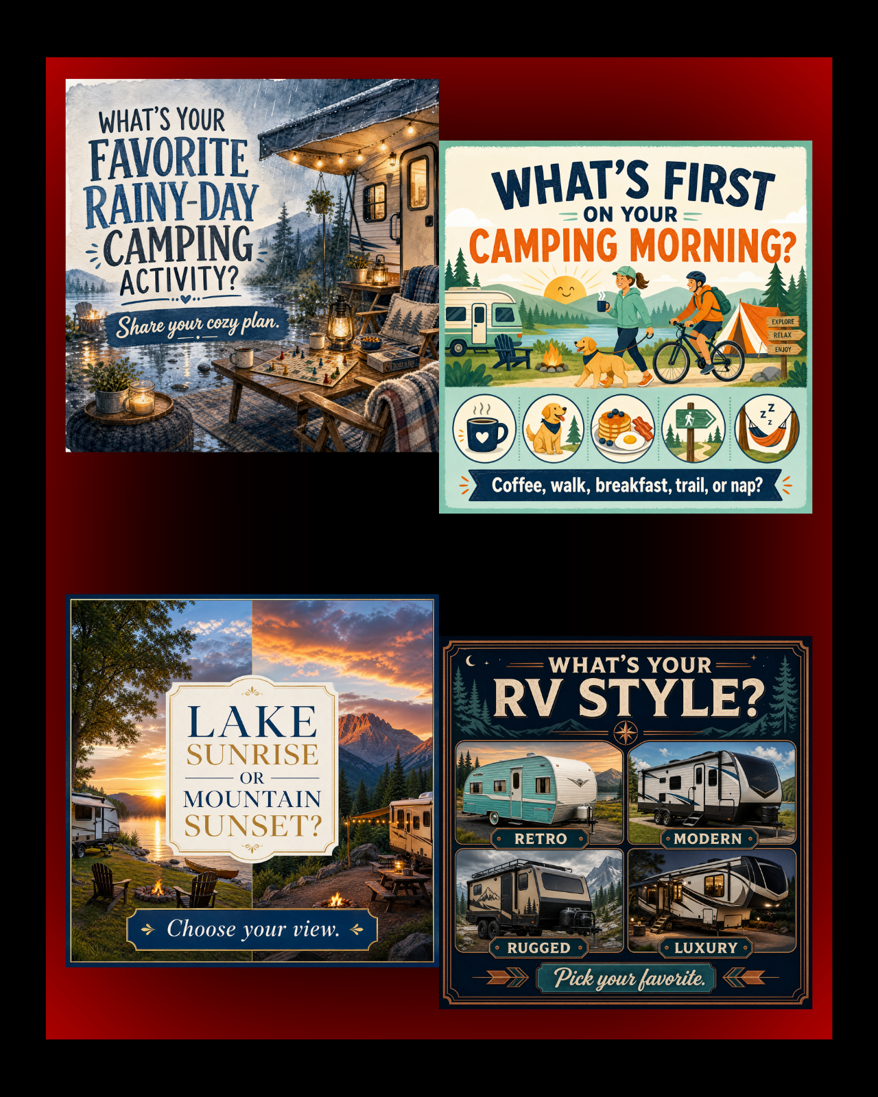 40 Posts - RV & Campground Social Media Engagement Graphics Pack (1920x1920px)